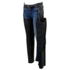 Milwaukee Leather women's black leather motorcycle chaps with braided fringe and purple rose embroidery, shown inside.