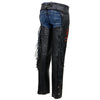 Milwaukee Leather women's black leather motorcycle chaps with braided, fringed design and red rose embroidery on the back.