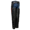 Milwaukee Leather Women's black leather motorcycle chaps with braided and fringed design, red rose embroidery on the back.