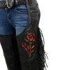 Milwaukee Leather Women's black braided and fringed leather motorcycle chaps with red rose embroidery, close-up view.
