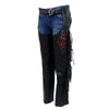 Milwaukee Leather Women's black leather motorcycle chaps with braided, fringed design and red rose embroidery front view.