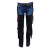 Milwaukee Leather women's black leather motorcycle chaps with braided fringes and red rose embroidery, front view.