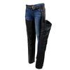 Milwaukee Leather women's black braided leather motorcycle chaps with fringes and red rose embroidery, shown from the inside.
