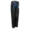 Milwaukee Leather women's black leather motorcycle chaps with braided, fringed design and turquoise rose embroidery, back view.