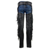 Milwaukee Leather women's black braided leather motorcycle chaps with turquoise rose embroidery and fringed details, back view.