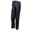 Milwaukee Leather women's black leather motorcycle chaps with braided fringe and turquoise rose embroidery, front view.