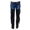 Milwaukee Leather Women's black leather motorcycle chaps with turquoise rose embroidery, braided and fringed design, front view.