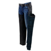 Milwaukee Leather women's black leather motorcycle chaps with braided and fringed design, turquoise rose embroidery, shown from inside view.