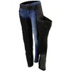 Milwaukee Leather Women's black textile motorcycle riding chaps with tribal embroidery and secure buckle closures.