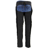 Milwaukee Leather Women's black textile motorcycle riding chaps with tribal embroidery, featuring adjustable straps and durable design.