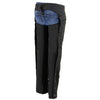 Milwaukee Leather Women's black textile motorcycle riding chaps with tribal embroidery and secure strap closures.