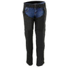 Milwaukee Leather women's black textile motorcycle riding chaps with tribal embroidery and secure buckle straps.