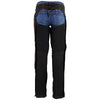 Milwaukee Leather women's black textile motorcycle chaps with orange accents and tribal embroidery, designed for riding comfort and style.