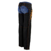 Milwaukee Leather Women's black textile motorcycle riding chaps with orange accents and tribal embroidery, designed for riding comfort.