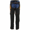 Milwaukee Leather women's black textile motorcycle chaps with orange accents and tribal embroidery, designed for riding comfort.