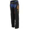 Milwaukee Leather women's black textile motorcycle riding chaps with orange accents and tribal embroidery, designed for riding comfort.