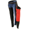 Milwaukee Leather women's black textile motorcycle riding chaps with red accents and tribal embroidery, designed for riding comfort.