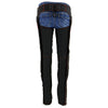 Milwaukee Leather women's black textile motorcycle riding chaps with red accents and tribal embroidery details.