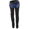 Milwaukee Leather women's black motorcycle riding chaps with red textile accents and tribal embroidery details.