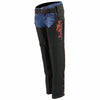 Milwaukee Leather Women's black textile motorcycle riding chaps with red accents and tribal embroidery, designed for riding comfort.