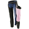 Milwaukee Leather Women's black textile motorcycle chaps with pink accents and tribal embroidery, designed for riding comfort and style.