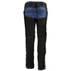 Milwaukee Leather Women's black textile motorcycle riding chaps with pink tribal embroidery and adjustable straps.