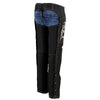 Milwaukee Leather Women's Black and Pink Textile Motorcycle Riding Chaps with tribal embroidery, featuring detailed tribal embroidery.
