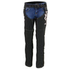 Milwaukee Leather Women's black textile motorcycle riding chaps with pink tribal embroidery, zippered cuffs and adjustable waist.