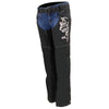 Milwaukee Leather Women's black textile motorcycle chaps with pink accents and tribal embroidery, designed for riding comfort and style.