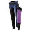 Milwaukee Leather women's black textile motorcycle riding chaps with purple tribal embroidery and reinforced knee protection.