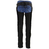 Milwaukee Leather women's black textile motorcycle chaps with purple tribal embroidery, designed for riding comfort and style.