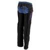 Milwaukee Leather women's black textile motorcycle riding chaps with purple tribal embroidery and adjustable waistband.
