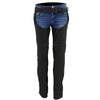 Milwaukee Leather women's black textile motorcycle riding chaps with purple tribal embroidery and adjustable straps.