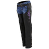 Milwaukee Leather Women's black and purple textile motorcycle riding chaps with tribal embroidery and adjustable straps.