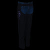 Milwaukee Leather Women's black textile motorcycle chaps with purple tribal embroidery and protective padding.