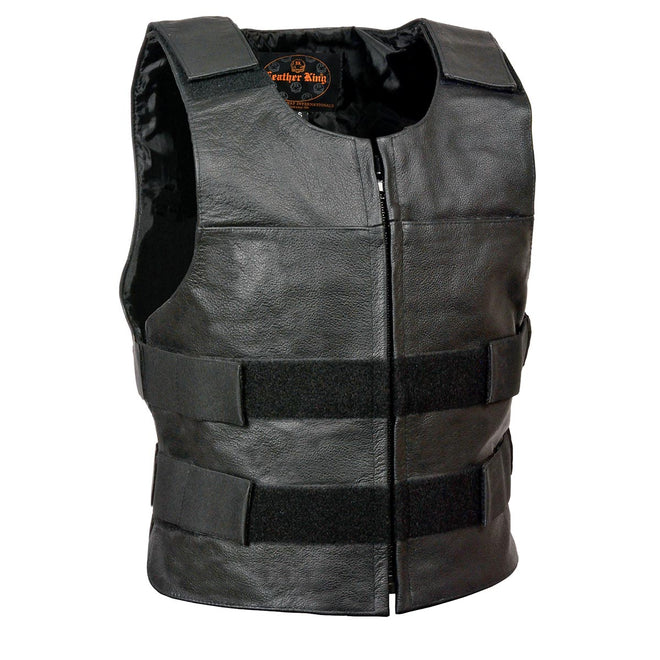 SH1367Z Men's Black Leather Tactical Style Rider Vest- Plain Back Panel for Club Patches
