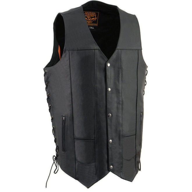Milwaukee Leather men's black leather motorcycle vest with 10 pockets, V-neck, side laces, and snap closure.