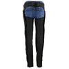 Milwaukee Leather Women's Winged Solid Black Textile Chaps with reinforced knee and side zippers, designed for motorcycle riding.