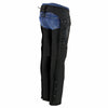 Milwaukee Leather Women's Winged Solid Black Textile Chaps with reinforced knee panels and adjustable straps.