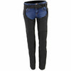 Milwaukee Leather Women's Solid Black Winged Textile Chaps with adjustable waist and decorative winged design.