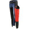 Milwaukee Leather Women's Winged Black and Red Textile Chaps with decorative wing design and adjustable straps.