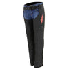 Milwaukee Leather Women's Winged Black and Red Textile Chaps with decorative wing design and adjustable waist straps.