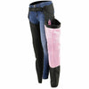 Milwaukee Leather Women's Winged Black and Pink Textile Chaps with decorative wing design and adjustable waist fit.