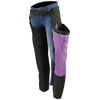 Milwaukee Leather Women's Winged Black and Purple Textile Chaps with detailed stitching and adjustable waist for motorcycle riding.