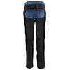 Milwaukee Leather women's black and purple textile winged chaps with detailed stitching and adjustable waist for motorcycle riding.