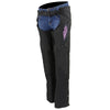 Milwaukee Leather Women's Winged Black and Purple Textile Chaps, front view showing detailed design and material.