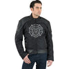 Milwaukee Leather men's black textile motorcycle jacket with glow-in-the-dark skull design and rugged style.