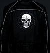 Milwaukee Leather men's black textile motorcycle jacket with glow-in-the-dark skull design, featuring a rugged style and protective fit.