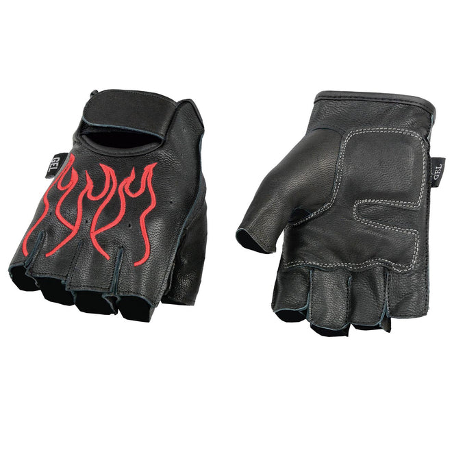 Milwaukee Leather men's black leather motorcycle gloves with gel padding, fingerless design, and red flame embroidery.