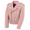 Pink leather motorcycle jacket for girls, classic style by Milwaukee Leather, featuring a vibrant pink color and kids' clothing design.